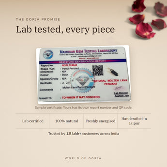 Molten Lava Pencil Pendant lab certificate with QR code – The Oorja promise