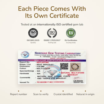 Money Attraction Bracelet lab certificate – tested at an ISO certified gem lab