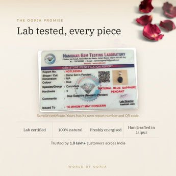 Blue Sapphire (Neelam) Pendant lab certificate with QR code – The Oorja promise
