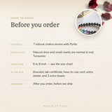 7 Chakra with Pyrite Bracelet – before you order: size, what is in the box, energised after order