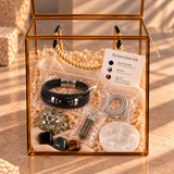 Nazar Protection Gift Box for Men with black tourmaline leather bracelet, pyrite pendant, protection stones and selenite plate
