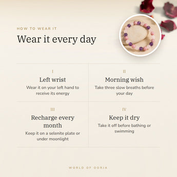 How to wear your Love & Stress Relief Bracelet – left wrist, morning wish, recharge on selenite or moonlight
