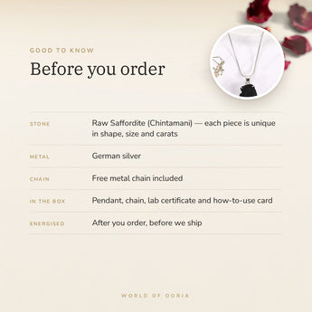Saffordite (Chintamani) Pendant – good to know before you order: what is in the box, energised after order