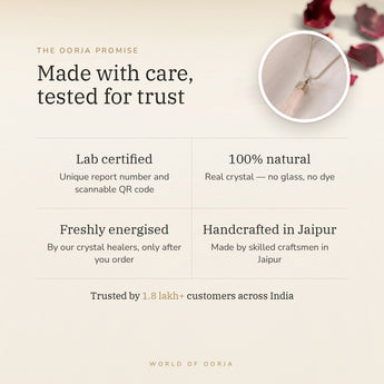 The Oorja promise – Rose Quartz Pencil Pendant, lab certified and energised after you order