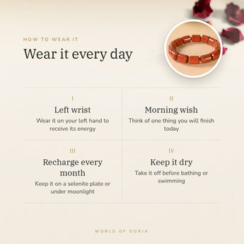 How to wear your Red Jasper Cylinder Bracelet – left wrist, morning wish, recharge on selenite or moonlight