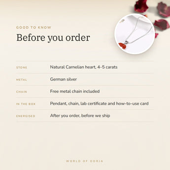 Carnelian Heart Pendant – good to know before you order: what is in the box, energised after order