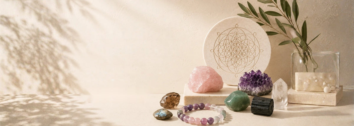 Rose quartz, amethyst cluster, green aventurine, black tourmaline, clear quartz and a flower of life plate for a personalised crystal consultation