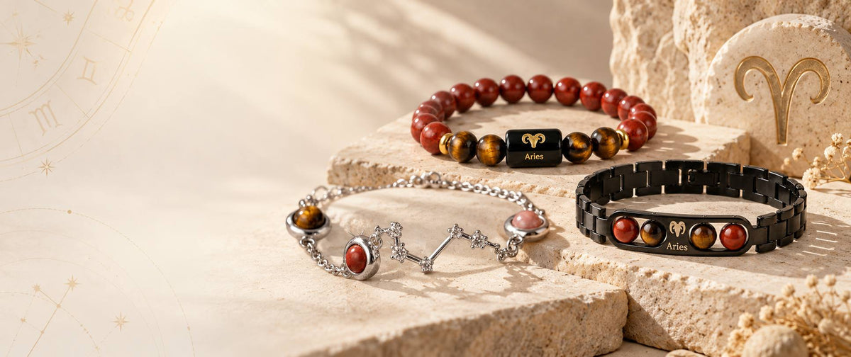 Aries zodiac bracelets in red jasper and tiger eye