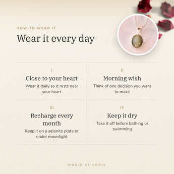 How to wear your Cat's Eye (Lehsunia) Pendant – daily wear, morning wish, recharge on selenite or moonlight