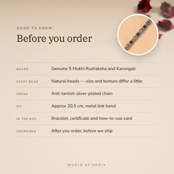 Silver Plated Rudraksha & Karungali Bracelet – before you order: size, what is in the box, energised after order