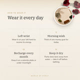 How to wear your Raw Dhan Yog Bracelet – left wrist, morning wish, recharge on selenite or moonlight
