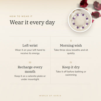 How to wear your Mulank 7 Bracelet – left wrist, morning wish, recharge on selenite or moonlight