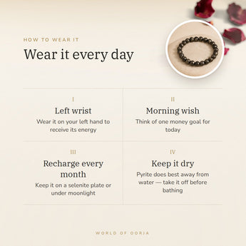 How to wear your Pyrite bracelet – left wrist, morning wish, recharge on selenite or moonlight