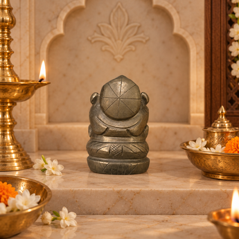 Rear view of the Pyrite Ganesh Ji murti showing the carved crown detail