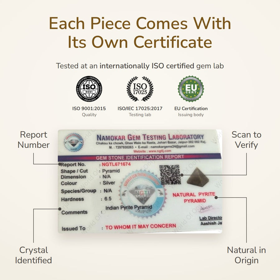 Pyrite Pyramid (Indian Origin) – Wealth & Confidence lab certificate – World of Oorja