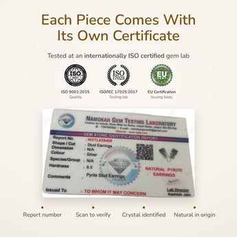 Raw Pyrite Studs lab certificate – tested at an ISO certified gem lab