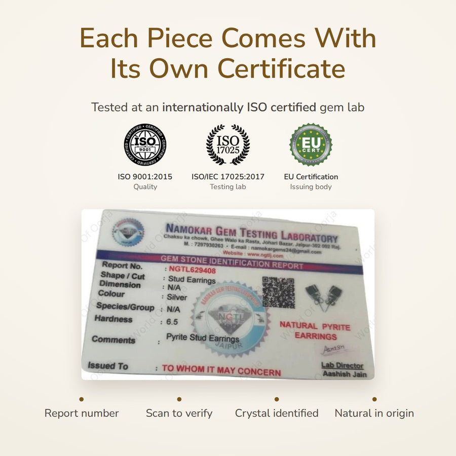 Raw Pyrite Studs – Wealth & Confidence lab certificate – World of Oorja