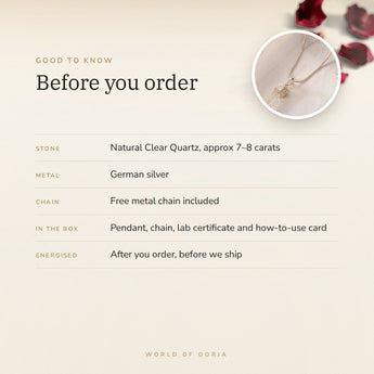 Clear Quartz Pencil Pendant – good to know before you order: what is in the box, energised after order