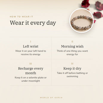 How to wear your Bloodstone Bracelet – left wrist, morning wish, recharge on selenite or moonlight