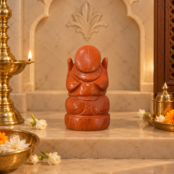 Rear view of the Red Jasper Ganesh Ji murti showing the carved crown detail