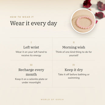How to wear your Rose Quartz bracelet – left wrist, morning wish, recharge on selenite or moonlight