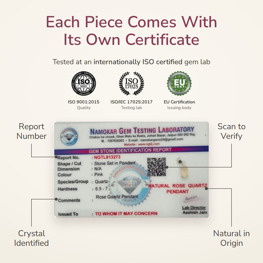 Rose Quartz Pendant – Love & Emotional Healing lab certificate – World of Oorja