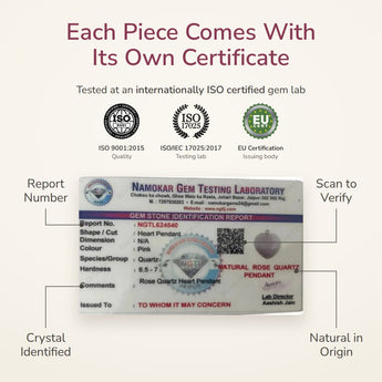 Rose Quartz Heart Pendant lab certificate – tested at an ISO certified gem lab