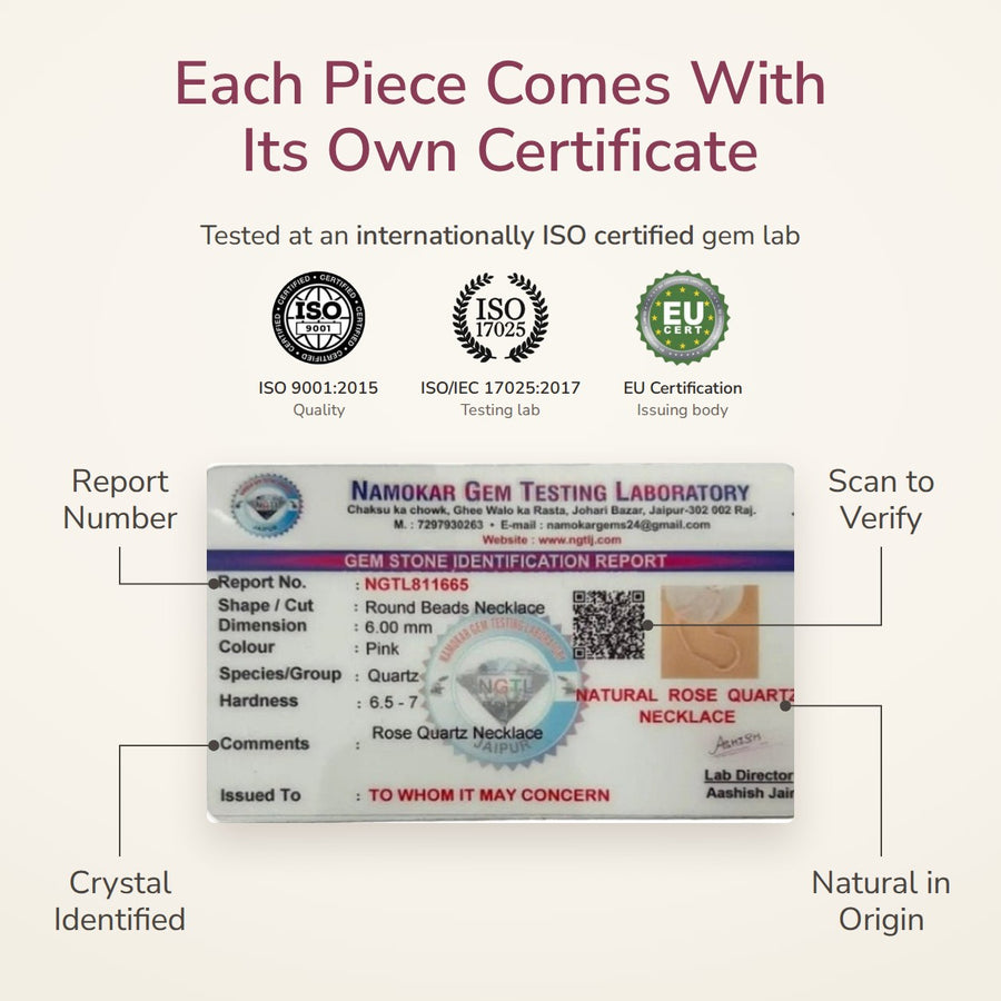 Rose Quartz Necklace – Love & Emotional Healing lab certificate – World of Oorja