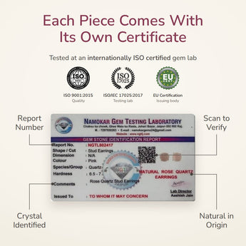 Rose Quartz Studs lab certificate – tested at an ISO certified gem lab