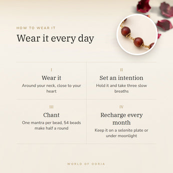 How to wear your Red Sandalwood Mala – daily wear, recharge on selenite or moonlight