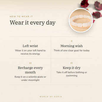 How to wear your Clear Quartz Cylinder Bracelet – left wrist, morning wish, recharge on selenite or moonlight