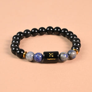 Sagittarius zodiac bracelet Black Obsidian and Lapis Lazuli with engraved Sagittarius name bead