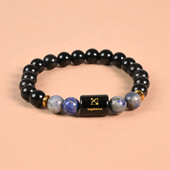 Sagittarius zodiac bracelet Black Obsidian and Lapis Lazuli with engraved Sagittarius name bead