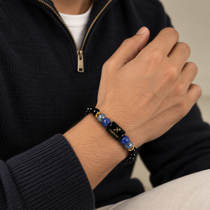 Sagittarius zodiac bracelet in Black Obsidian and Lapis Lazuli worn on the wrist