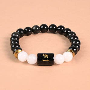 Scorpio zodiac bracelet Black Obsidian and Milky Quartz with engraved Scorpio name bead