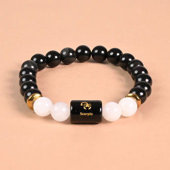 Scorpio zodiac bracelet Black Obsidian and Milky Quartz with engraved Scorpio name bead