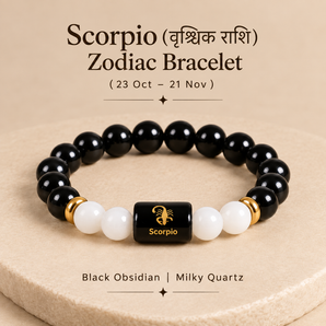 Scorpio zodiac rashi bracelet in Black Obsidian and Milky Quartz with engraved Scorpio onyx bead