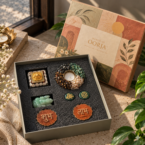 Shubh Labh Prosperity Gift Box by World of Oorja – Shubh Labh, green aventurine Ganesha, Lakshmi jade coins, Laxmi pyramid and Dhan Yog tea light
