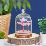 Decorative tree with rose quartz blossoms under a glass dome on a wooden base, surrounded by plants.
