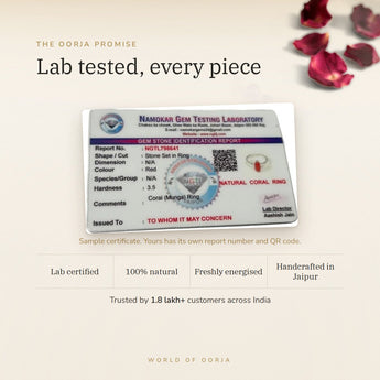 Red Coral (Moonga) Ring lab certificate with QR code – The Oorja promise