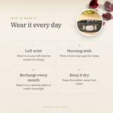 How to wear your Clear Quartz Leather Bracelet – left wrist, morning wish, recharge on selenite or moonlight