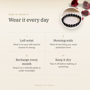 How to wear your Black Obsidian Bracelet – left wrist, morning wish, recharge on selenite or moonlight