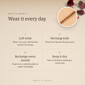 How to wear your Gold Plated Rudraksha Bracelet – left wrist, morning wish, recharge on selenite or moonlight