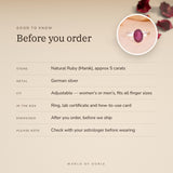 Ruby (Manik) Ring – good to know before you order: what is in the box, energised after order