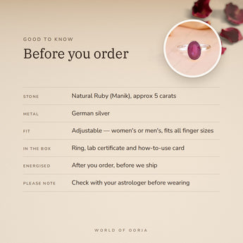 Ruby (Manik) Ring – good to know before you order: what is in the box, energised after order