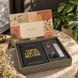 Think Create Become Desk Gift Box by World of Oorja – journal, Dhan Yog crystal pen, pyrite keychain and jade pyramid