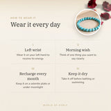 How to wear your Turquoise Bracelet – left wrist, morning wish, recharge on selenite or moonlight