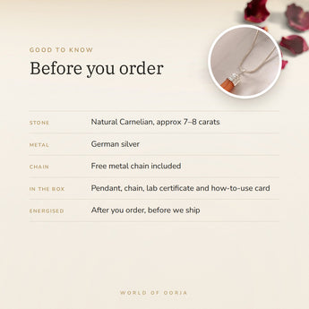 Carnelian Pencil Pendant – good to know before you order: what is in the box, energised after order