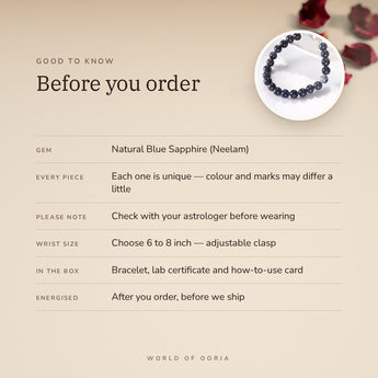 Blue Sapphire Silver Bracelet (Neelam) – before you order: size, what is in the box, energised after order