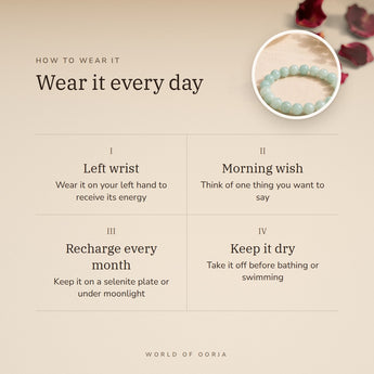 How to wear your Amazonite Bracelet – left wrist, morning wish, recharge on selenite or moonlight